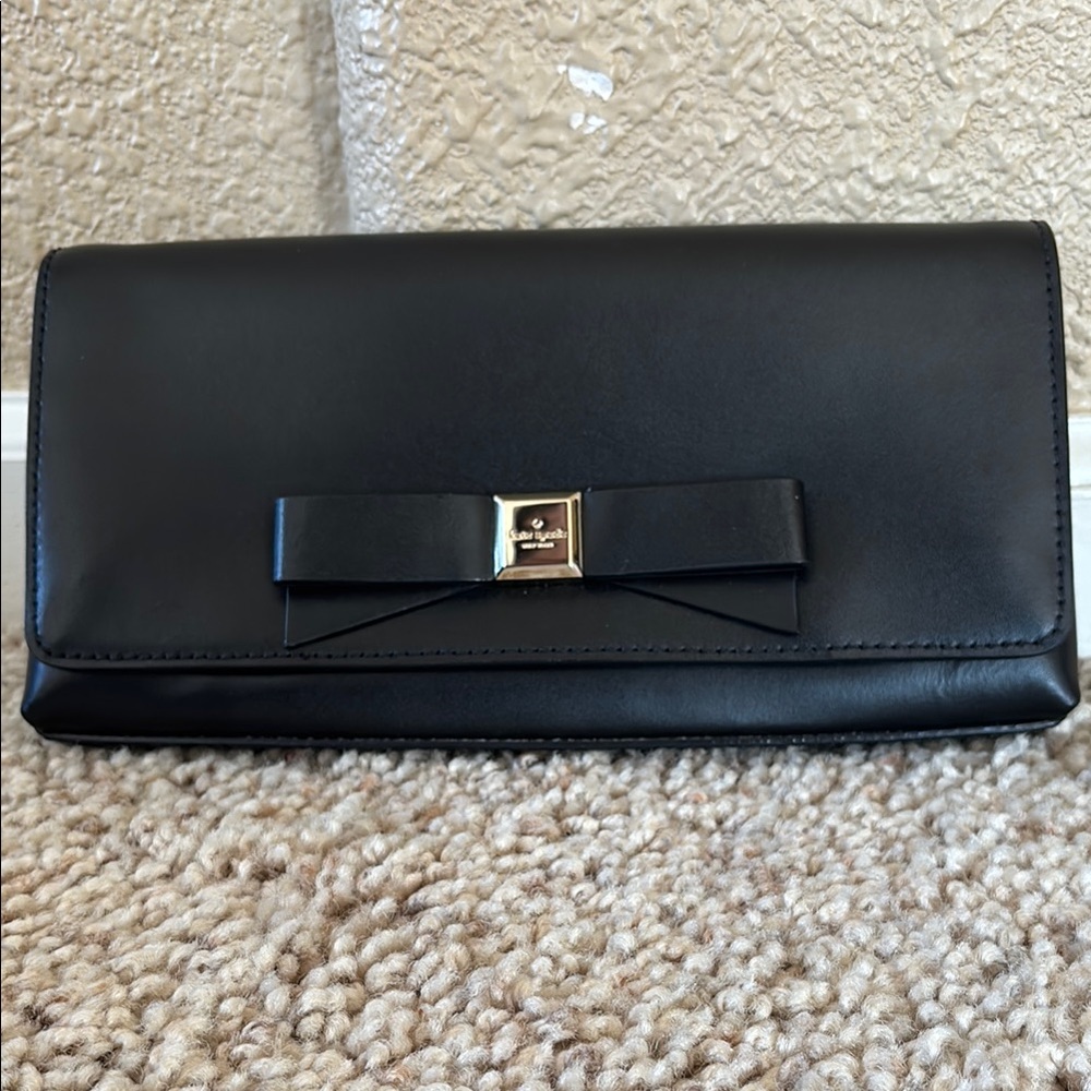 Kate Spade Black Leather Clutch with Bow Detail